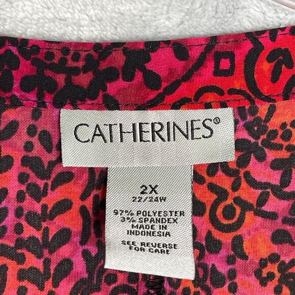Catherines Floral Printed Button Front Tunic Womens 2X Red Pink Black Boho - Picture 4 of 8